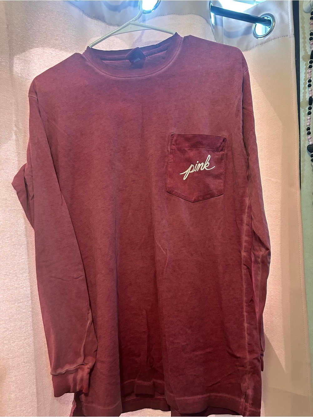 PINK Victoria's Secret Brand Long-Sleeve Pocket Tee - Burgundy